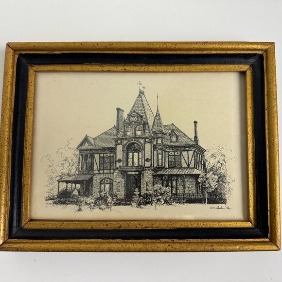 Vintage 1972s Print Lithography ArchitectureRhine House Victorian Style Framed